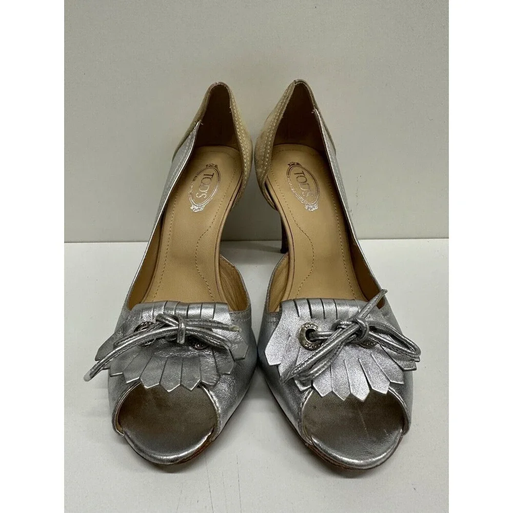 TOD'S women size 6.5 open Toe slip on silver & beige leather & suede pumps